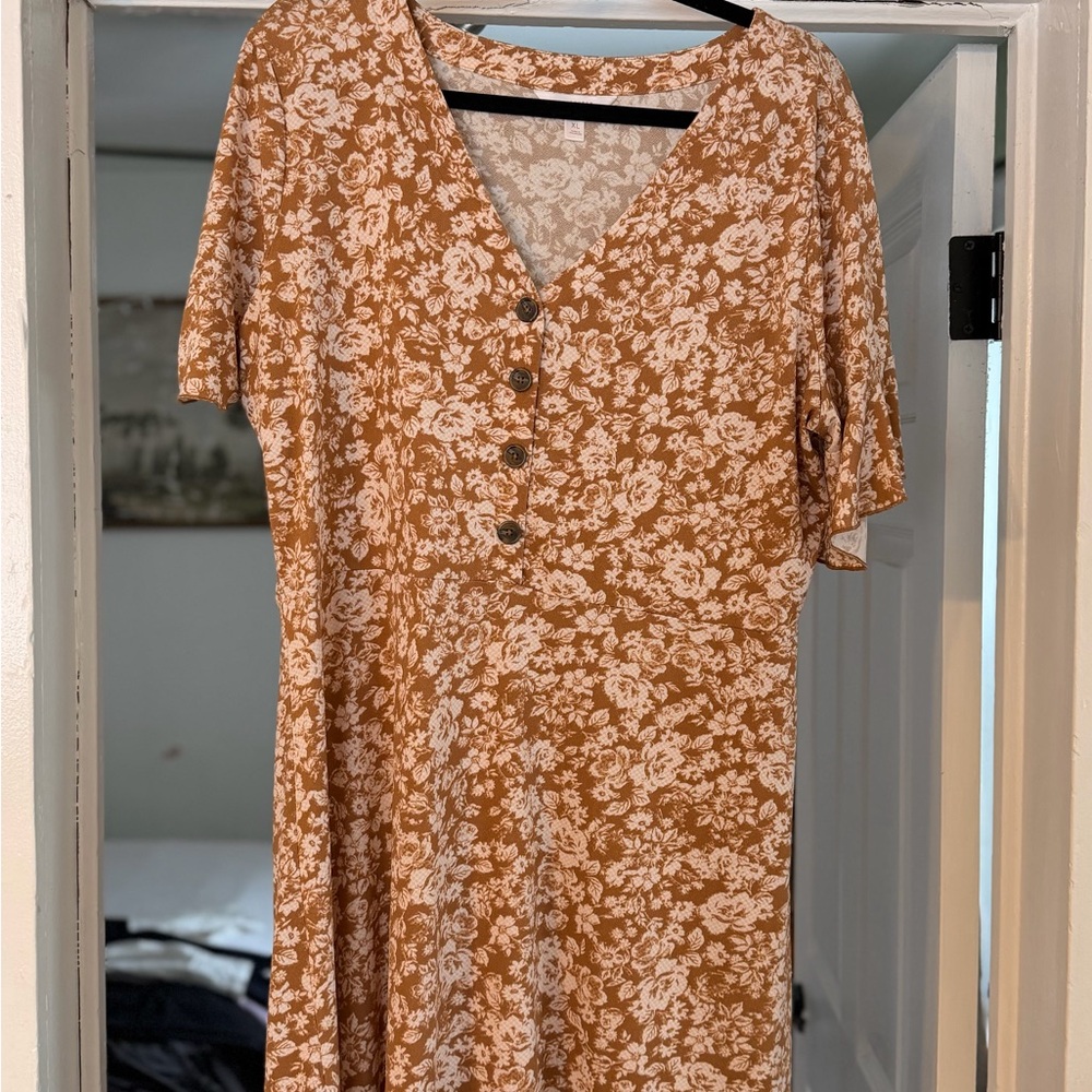 LC Lauren Conrad Floral Midi Dress in Tan and Cream